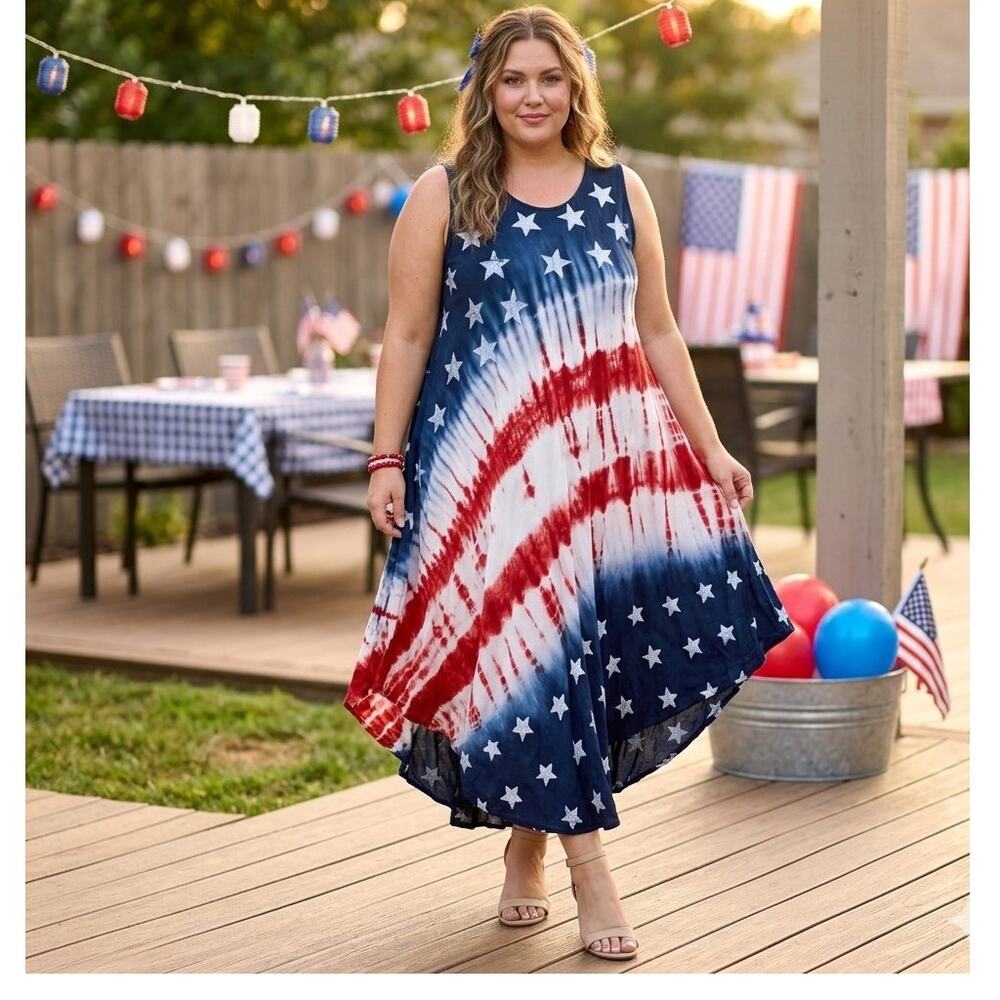 Seven Islands New York Patriotic American Flag Tie Dye Maxi Dress Size 2X NWOT